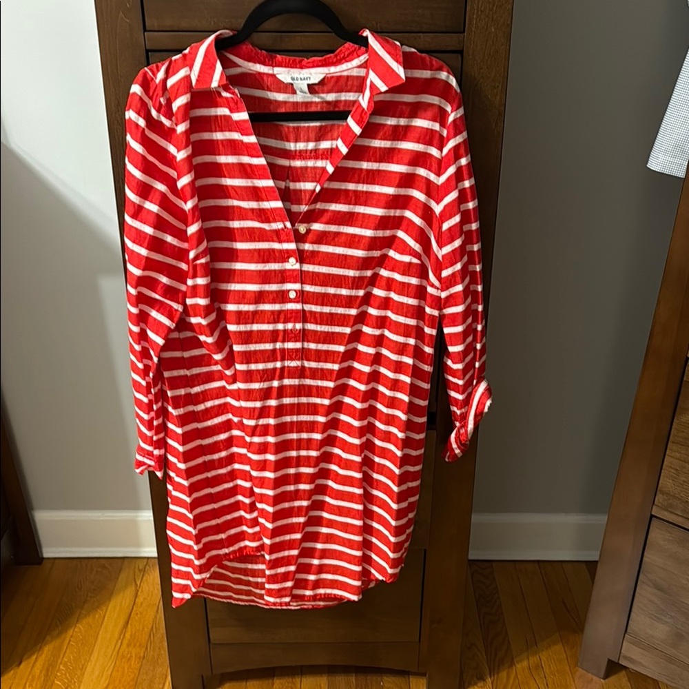 Old Navy Red and White 3/4 Sleeve Button Down Dress